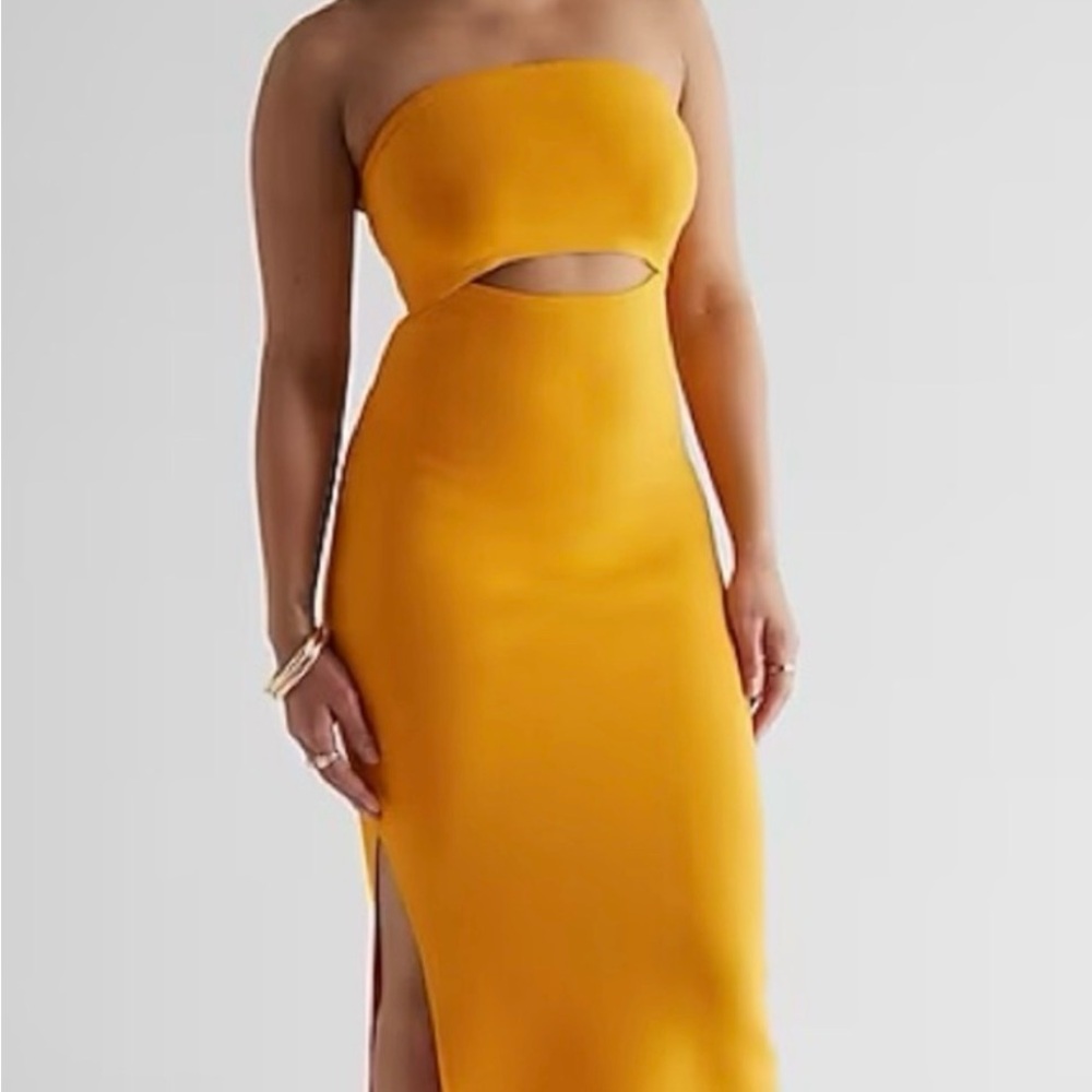 Express Strapless Cutout Midi Dress in Mustard